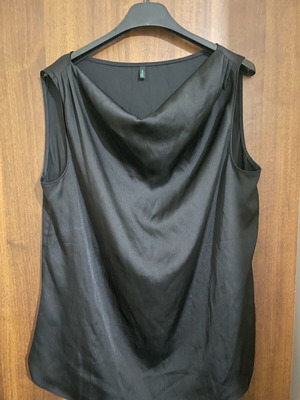 Benetton top used, black satin sleeveless with draped neckline size M