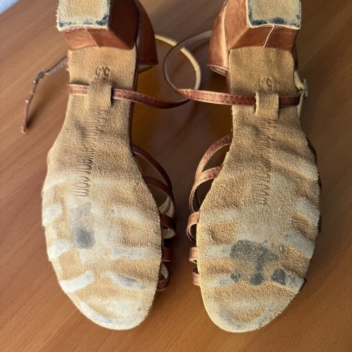 Latin dance shoes used, size 36, tan satin with adjustable strap