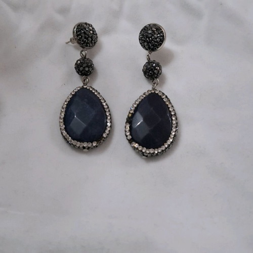 Handmade teardrop earrings with blue stone and rhinestones like new