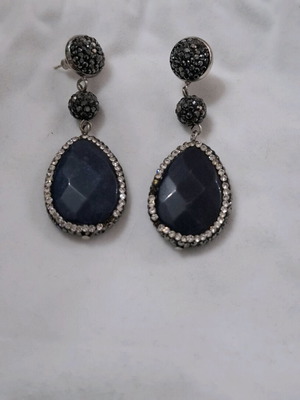 Handmade teardrop earrings with blue stone and rhinestones like new