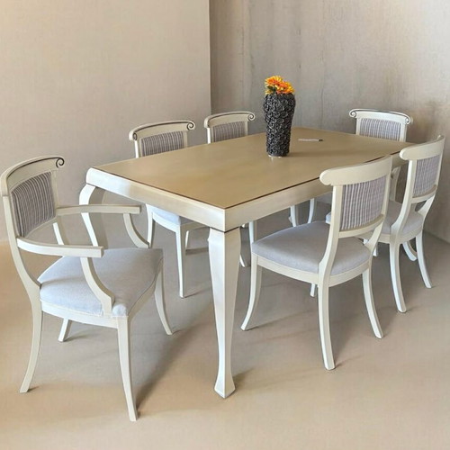 Neoclassical Beech Wood Dining Set 180x100 with 4 Chairs and 2 Armchairs new