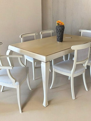 Neoclassical Beech Wood Dining Set 180x100 with 4 Chairs and 2 Armchairs new