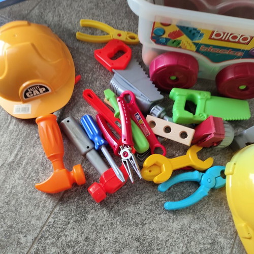 Building blocks and various tools in sliding trolley like new