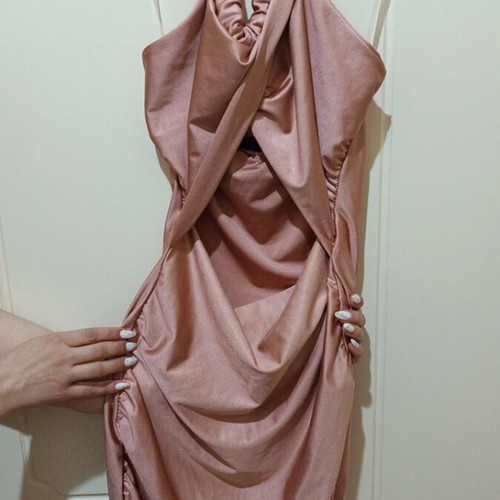 Satin dress new, dusty rose with gold chain and open back