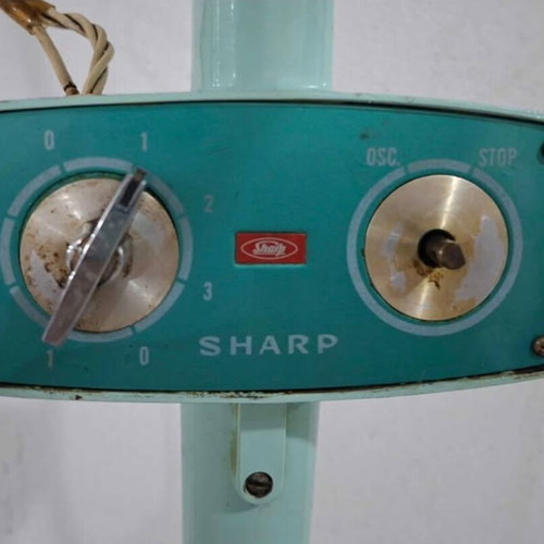 Vintage Sharp floor fan used, 1960-1970s, aquamarine color