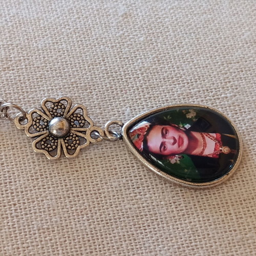 Frida Kahlo statement silver tone necklace with tear-shaped pendant
