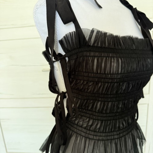 Monki Tulle Top like new with decorative bows, black