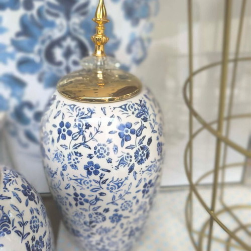 Ceramic vase with gold lid and blue flower, new, 17.5x37cm