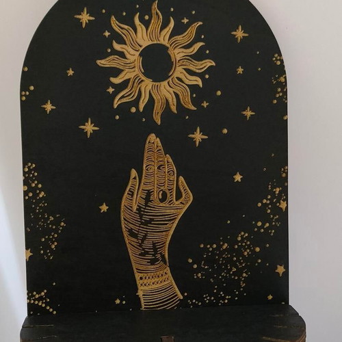 Wooden Handmade Wall Shelf with Mystical Sun and Moon Design like new