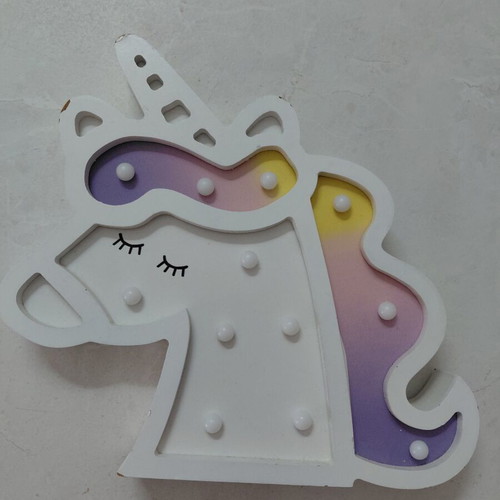 Unicorn decorative LED light used, wooden, battery socket broken