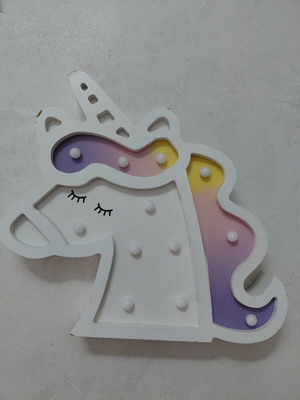Unicorn decorative LED light used, wooden, battery socket broken
