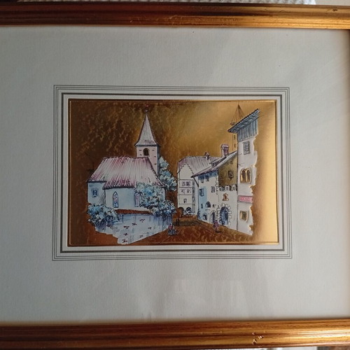 Vintage decorative print on gold foil, framed
