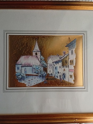 Vintage decorative print on gold foil, framed