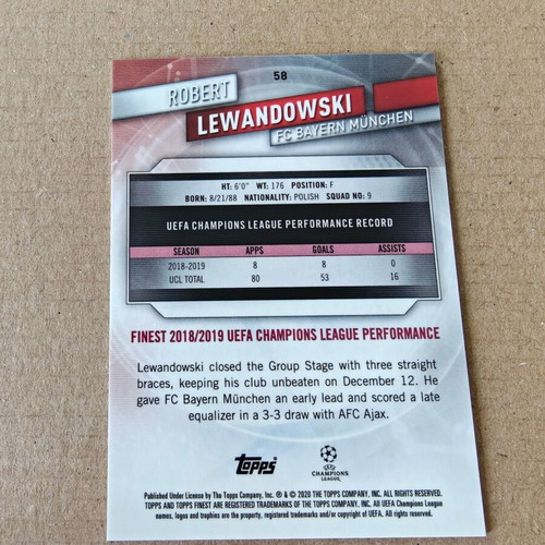 Robert Lewandowski Bayern Munich 2019-20 Topps Finest UCL Blue Refractor like new No. 58