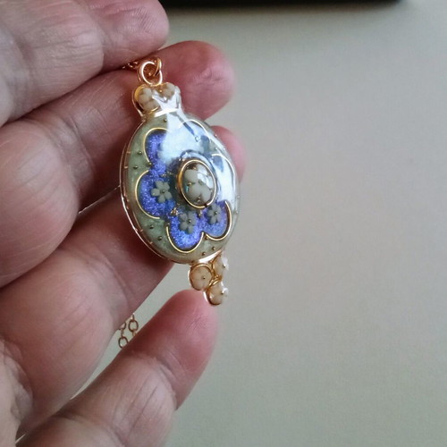 Handmade spring necklace new with blue, white and gold colors