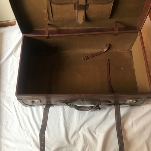 Antique leather suitcase used, handmade, early 20th century