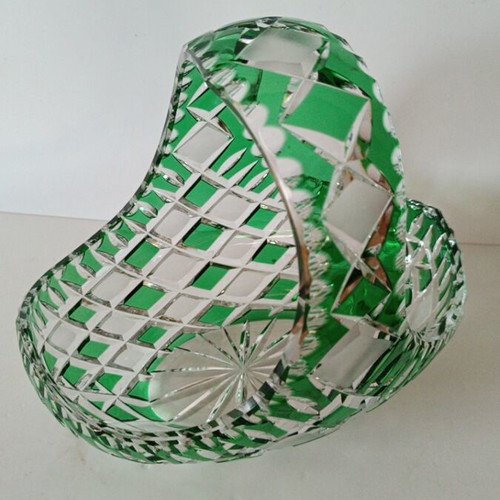 Vintage Bohemia crystal basket emerald green