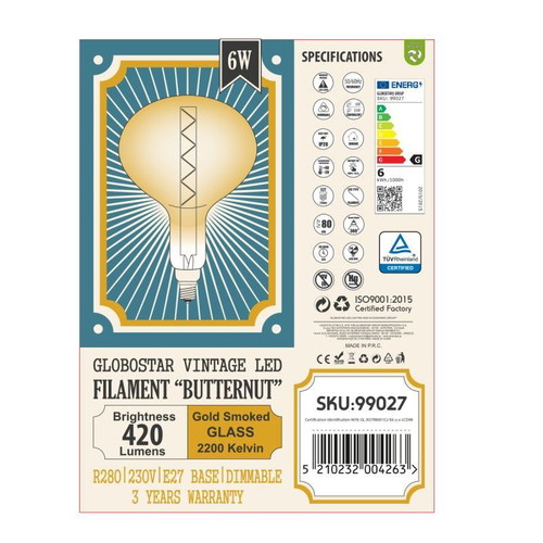 Globostar E27 R280 LED Bulb 6W 420lm Ultra Warm White 2200K Like New