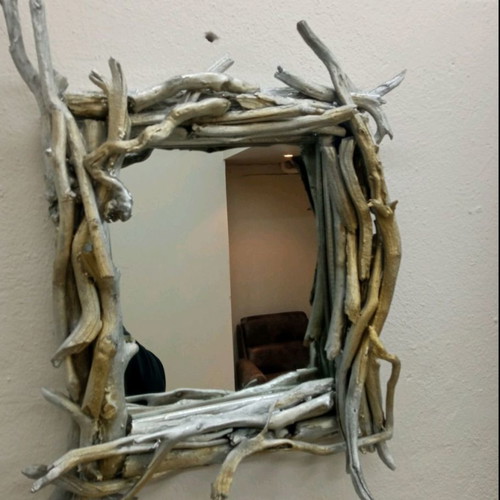 Handmade mirror new with driftwood in silver and gold