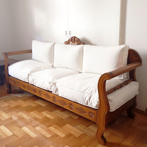 Skyrian three-seater sofa with two side tables new, handmade wood