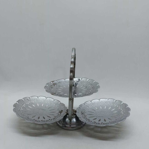 Vintage metal folding serving stand used, three positions