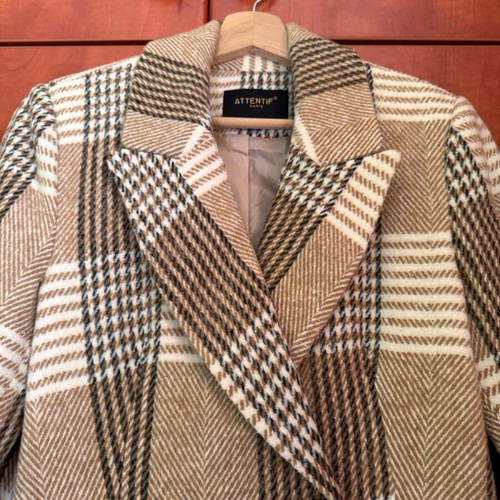 Attentif Paris plaid coat like new, size 36, beige and brown