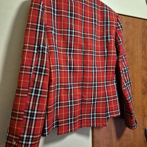 Manolo red plaid jacket with black velvet collar and pockets