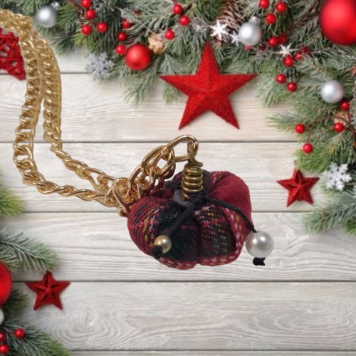Long Christmas Necklace New With Handmade Mini Pumpkin Red Check