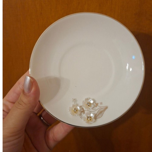 White Porcelain Espresso Cup with Decorative Stones and Saucer, very good condition