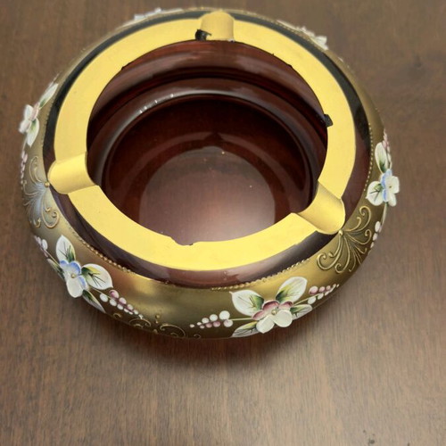 Bohemian ashtrays used, set of 2, decorated with enamel