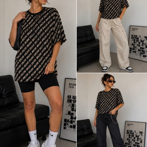 Billie Eilish Oversized T-Shirt black with beige all-over print like new