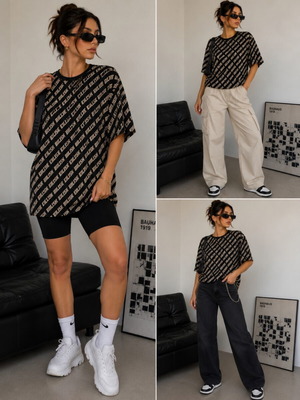 Billie Eilish Oversized T-shirt μαύρο με μπεζ all-over print σαν καινούργιο
