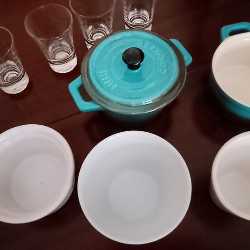 Porcelain kitchenware set with ovenproof cookware, cups and shot glasses