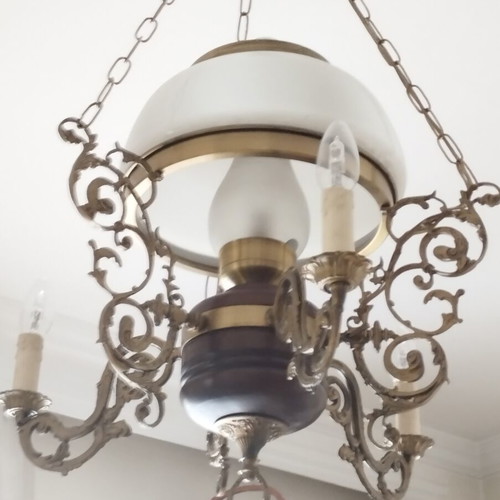 Vintage Brass Chandelier Neoclassical | Large Opaline & Candles | Rare
