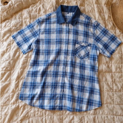 Women's short-sleeve checked shirt XL like new, 100% cotton, blue
