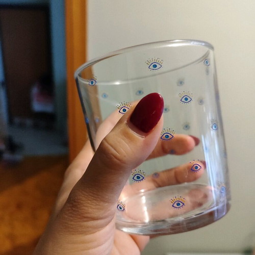 Glass mugs used, pack of 3 with eye design, transparent