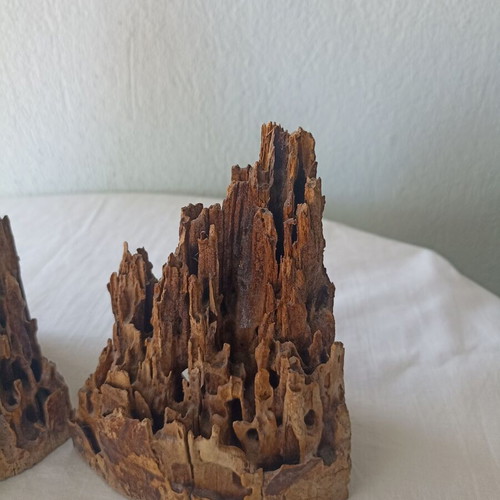 Carved wood pieces used with natural wear, set of 2