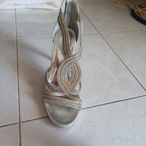 Silver high-heeled sandals, size 37