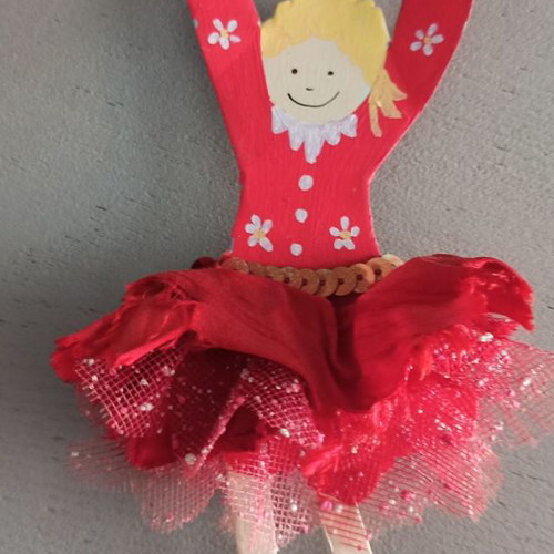 Handmade hanging decorative figure with fabric flowers like new