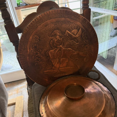 Copper cookware collection like new with embossed Justice decorative plate