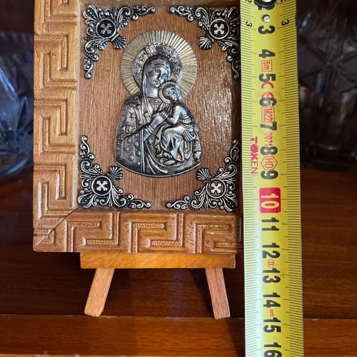 Vintage small wooden icon with silver details like new