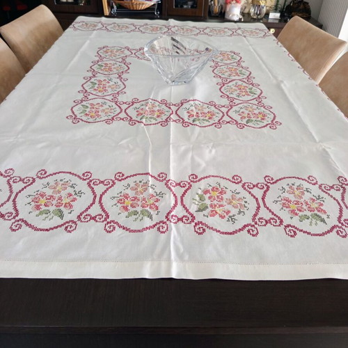 Handmade White Tablecloth 155x166 cm with Cross Stitch and Azur Finish