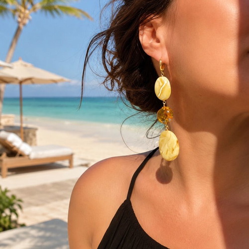 Long Amber Earrings with White Baltic Amber and 24K Gold Plated Silver