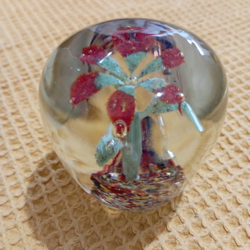 Vintage glass paperweight with handmade 3D red flower motif