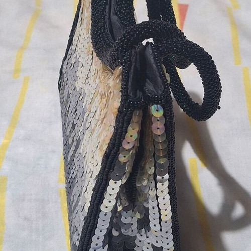 Evening bag with black and silver sequins, hand-stitched handles