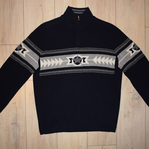 Bogner Navy Blue Nordic Print 1/2 Zip Long Sleeve Wool Sweater Size L like new