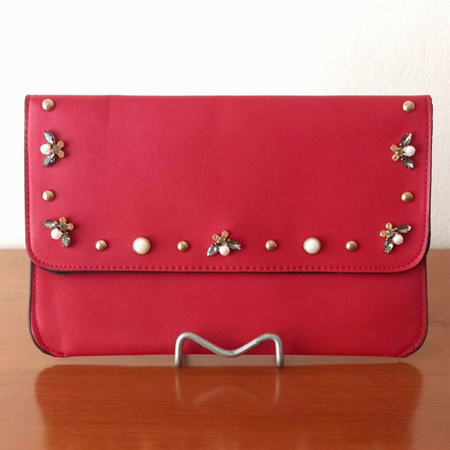 Stradivarius red clutch bag like new with pearls and decorative details