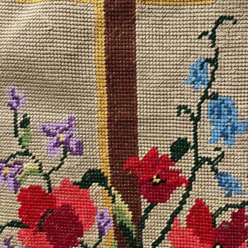 Handmade textile painting used, framed cross with flowers