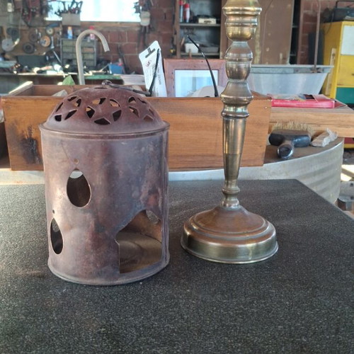 Brass candlestick and candle holder used, 24 cm and 19 cm height