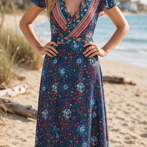 Floral Print Long Summer Dress like new, bat sleeve, v neck, wrap boho
